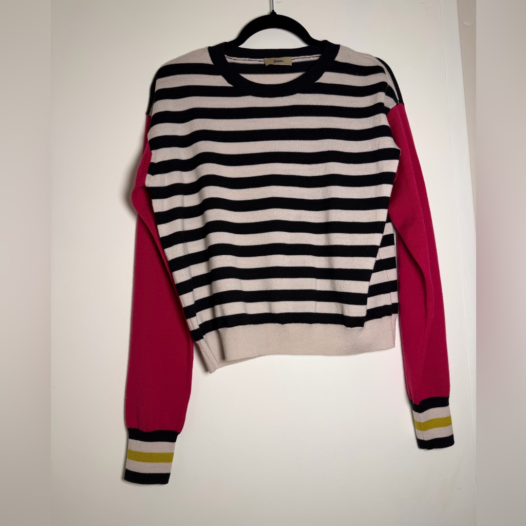 Herno Black And White Striped Sweater With Pink Sleeves